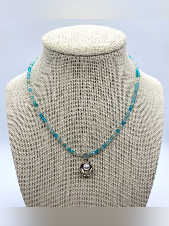 Hand Crafted Jewelry - Blue Beaded Necklace Silver Pearl Charm Boho Y2K Fairy Festival Coastal Beach
